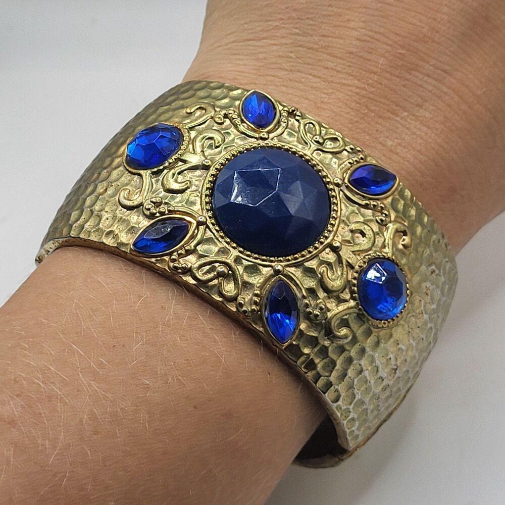 VTG Brutalist Statement Bangle Egyptian Revival Filigree Blue Stone Cuff Hinged